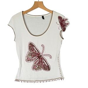 Butterfly Embroidery Applique White Tee Y2K Fairy S